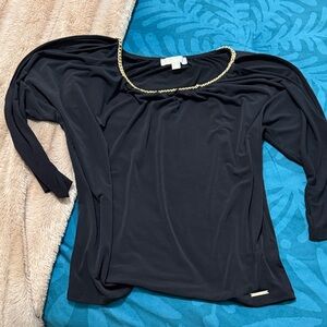 Michael Kors Black Tunic Cold Shoulder Top with Gold Chain Neckline